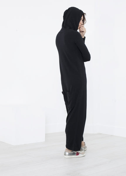 Knit Hooded Jumpsuit in Black - gstuffpro.com