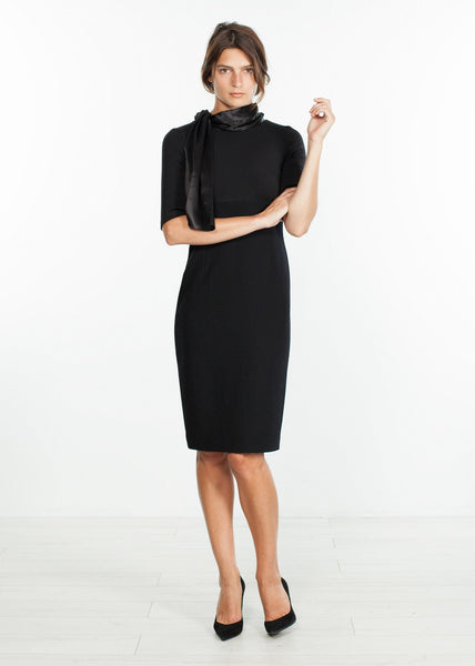Tie Neck Wool Dress in Black - gstuffpro.com