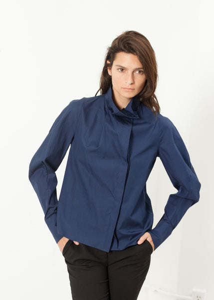Full Collar Poplin Blouse in Navy - gstuffpro.com